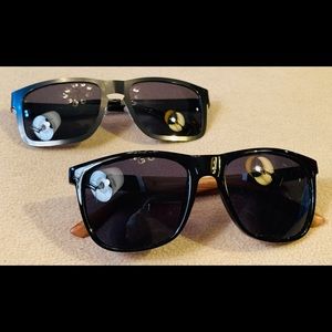 Two pairs of unisex sunglasses,dark gray lenses gray metal & black plastic